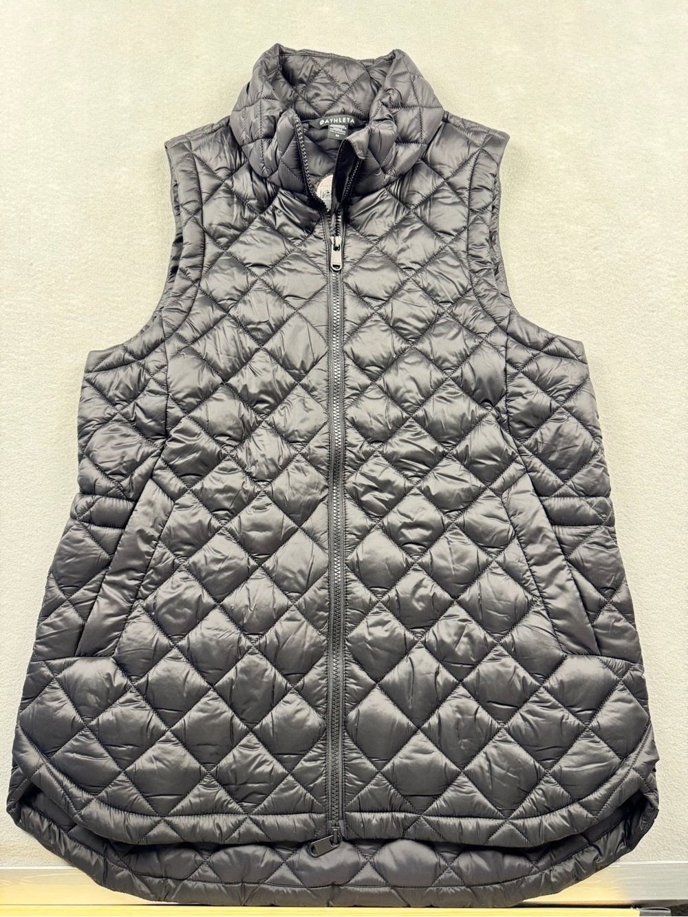 Athleta Women's M Black Whisper Long Featherless Quilted Puffer Vest Pepsi Logo